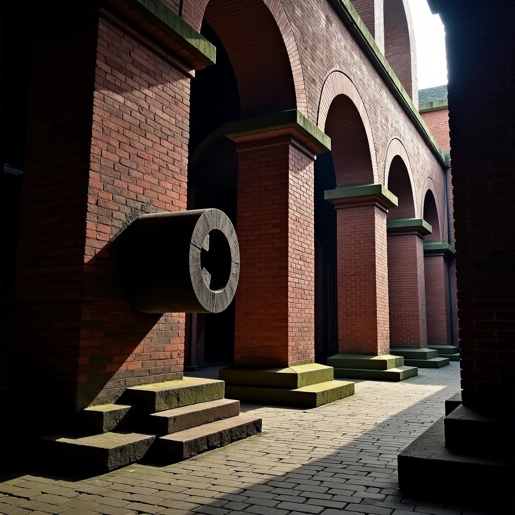 Close-up of the Old Blast Furnace at Coalbrookdale, showing the historic brickwork and iron remains. Dramatic lighting highlights the texture of the old bricks and the scale of the industrial ruin. Historical atmosphere, realistic architectural photography. 4:3