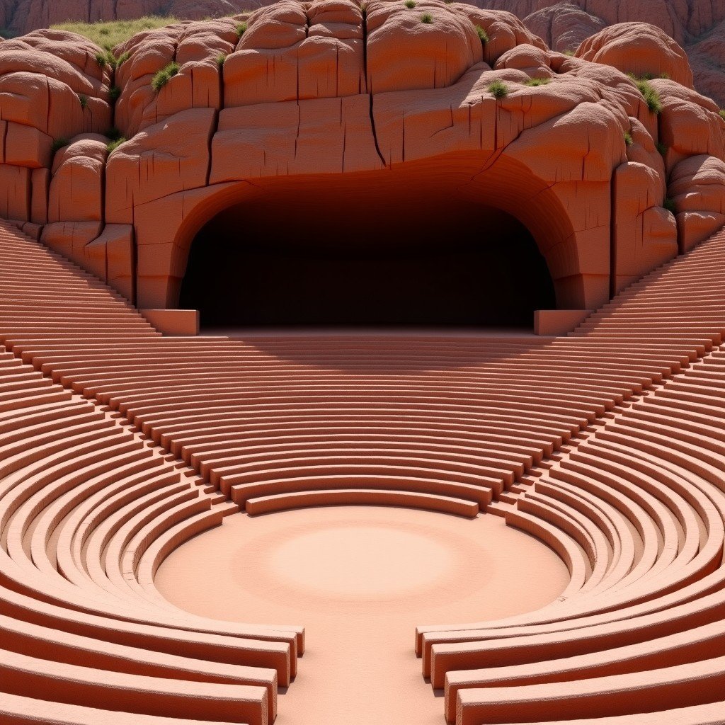 Ancient Roman-style theater carved directly into the red rock mountain in Petra Jordan, wide view of seating rows, historical site, 4:3