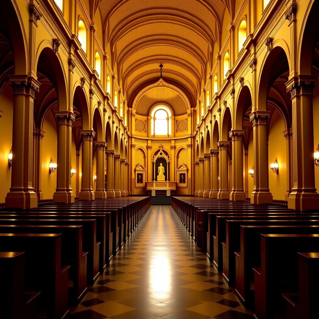 Golden ornate interior of Sao Francisco Church in Salvador, baroque architecture, intricate wood carvings covered in gold leaf, church pews, atmospheric lighting, 1:1