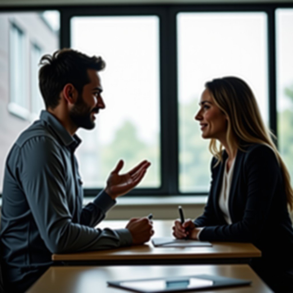 Two professionals having a discussion in a workspace. One person is leaning slightly forward and making eye contact, showing engagement. Realistic setting, soft lighting, 4:3.