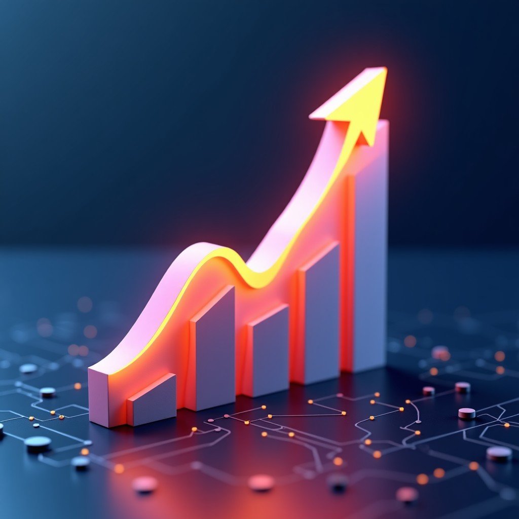 A stylized 3D financial growth chart showing a strong upward trend, integrated with digital circuit patterns and soft ambient lighting, high contrast professional look, 1:1