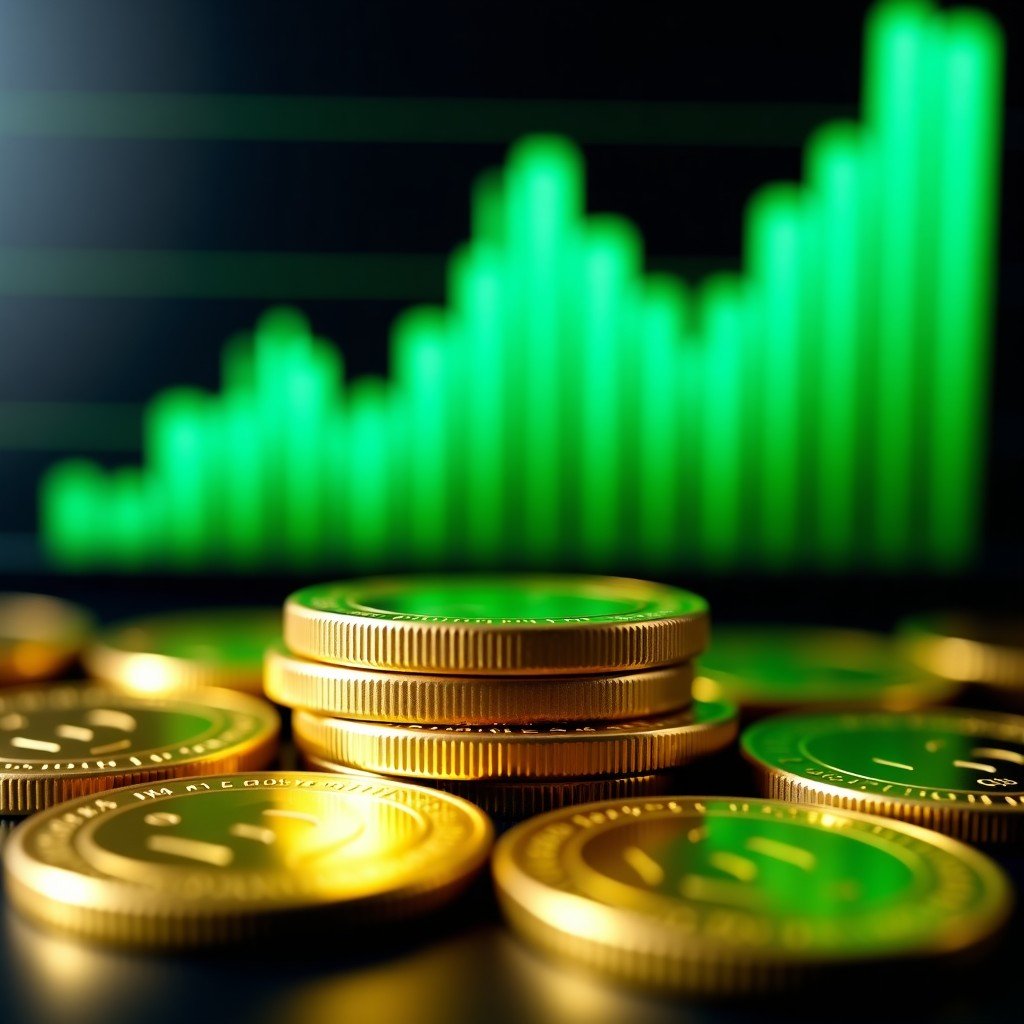 Close up shot of gold coins and a digital screen showing a green upward trend chart, representing financial growth and gold and silver rebound, 4:3