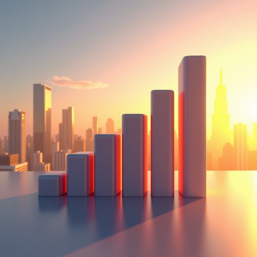 A conceptual 3D render of a growing bar graph integrated into a futuristic city skyline representing long-term corporate growth. Modern digital illustration, warm golden hour lighting, 4:3.