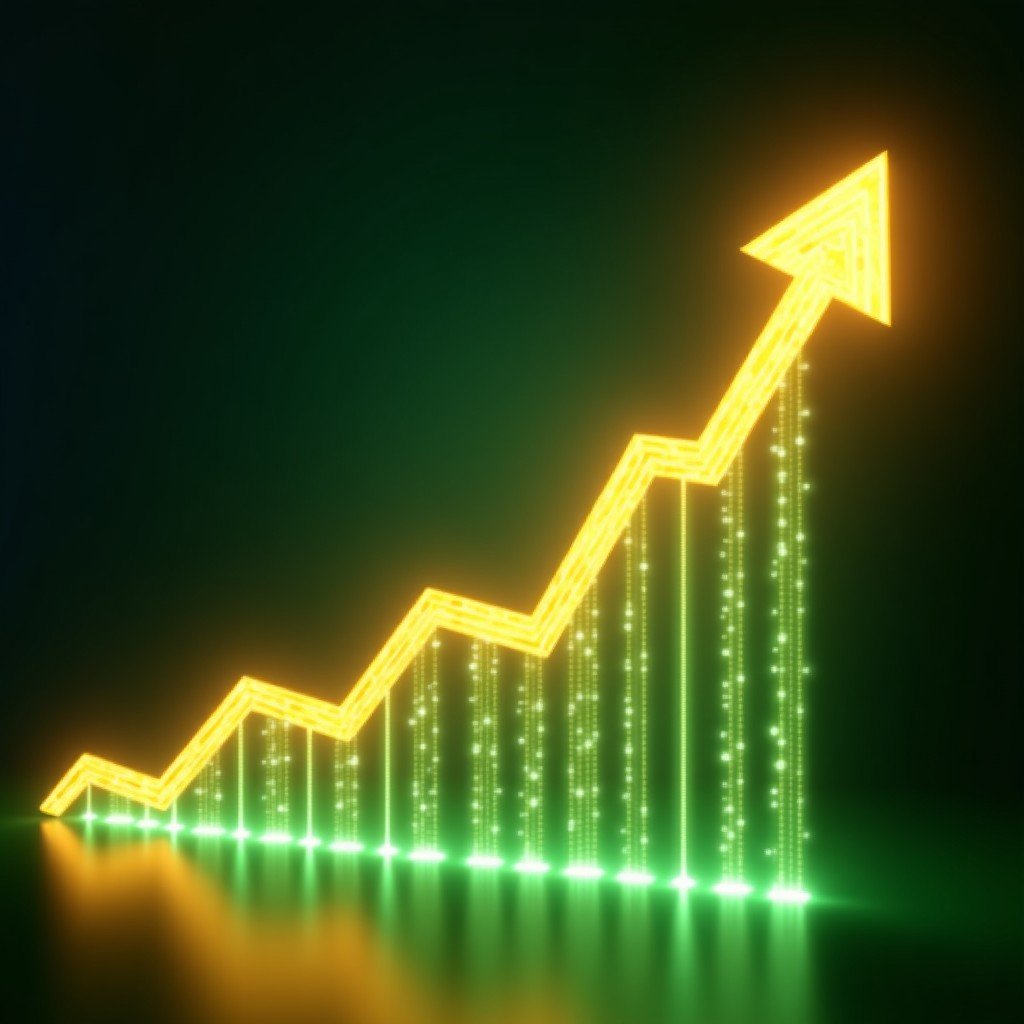 A conceptual image of a rising financial graph integrated with medical symbols like a heartbeat line and DNA strand. Bright gold and green lighting representing growth and prosperity, 4:3.
