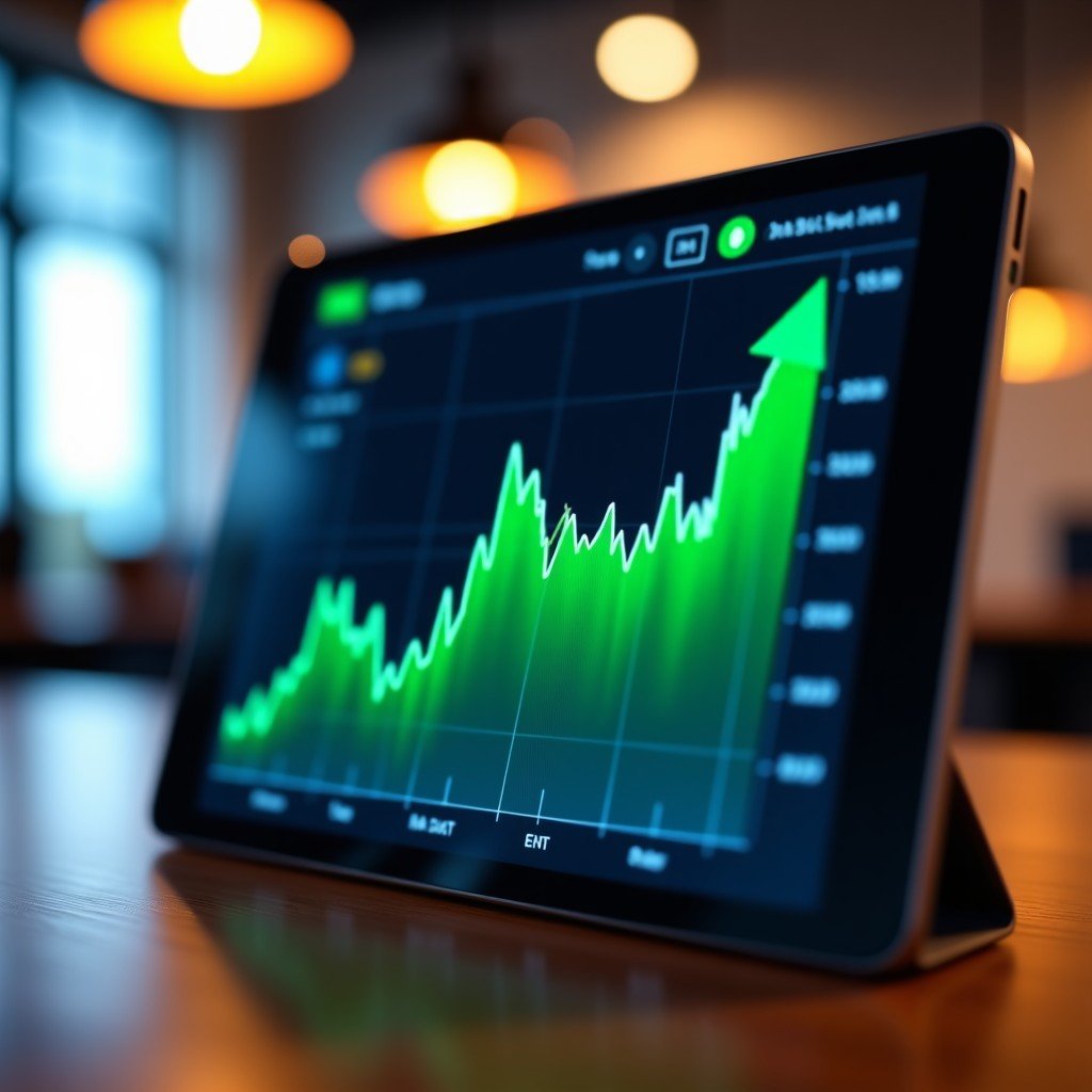 A close-up shot of a digital tablet displaying a vibrant stock market chart with a strong upward green trend line. The background is a blurred office setting with warm ambient lighting. Professional financial atmosphere, high contrast, sharp focus on the digital screen. 4:3