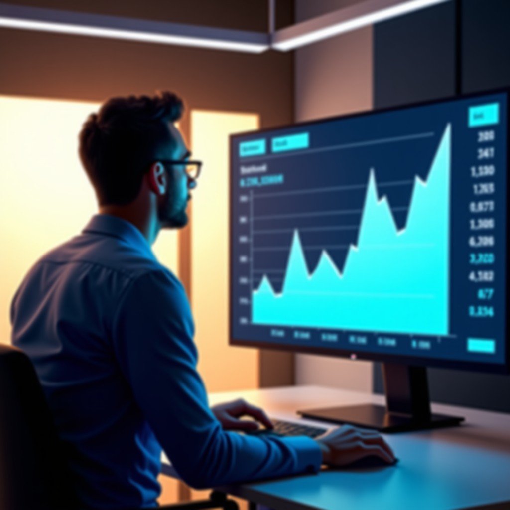 A professional financial analyst in a modern office looking at a large screen displaying a steady upward trend of a retail stock chart. The environment is professional and high-tech with warm lighting. 4:3