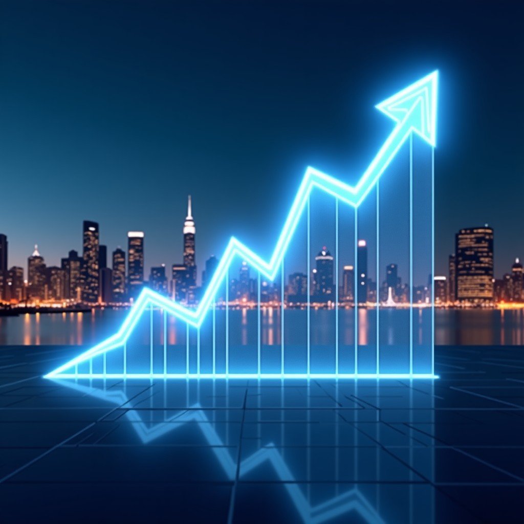 A translucent digital stock chart showing a steady upward trend overlaying a futuristic city skyline at night, professional and ambitious atmosphere, 4:3