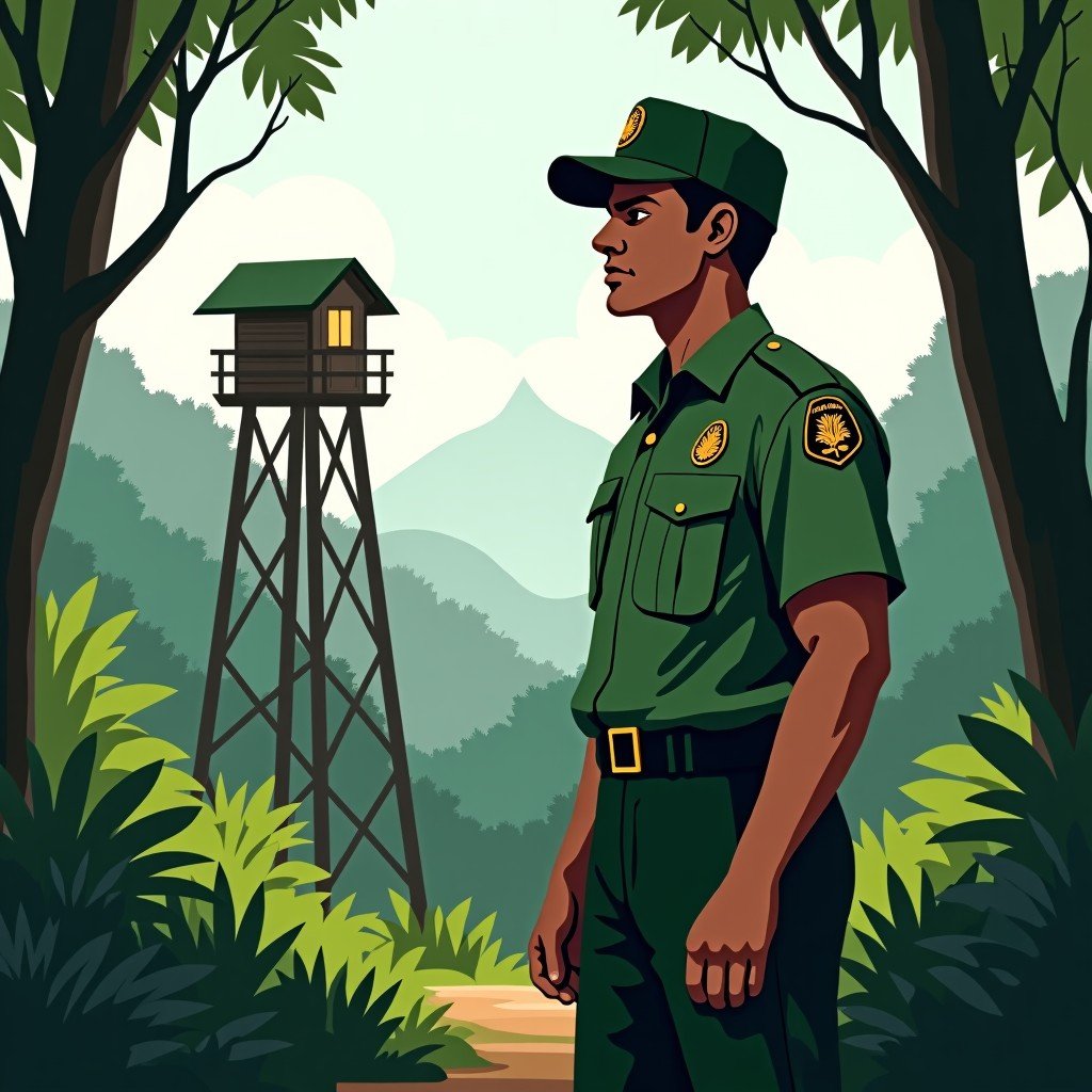 A forest guard in a green uniform standing near a wooden watchtower in the jungle, looking out over the landscape, professional and determined expression, natural setting, 4:3
