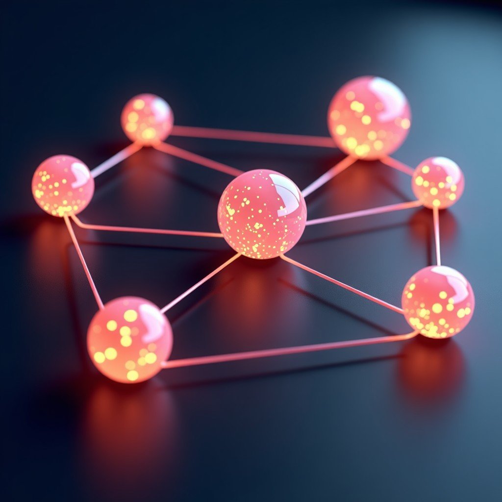 A conceptual 3D illustration of multiple glowing spherical AI agents interconnected by data streams, collaborating on tasks, dark professional background, high contrast, 4:3