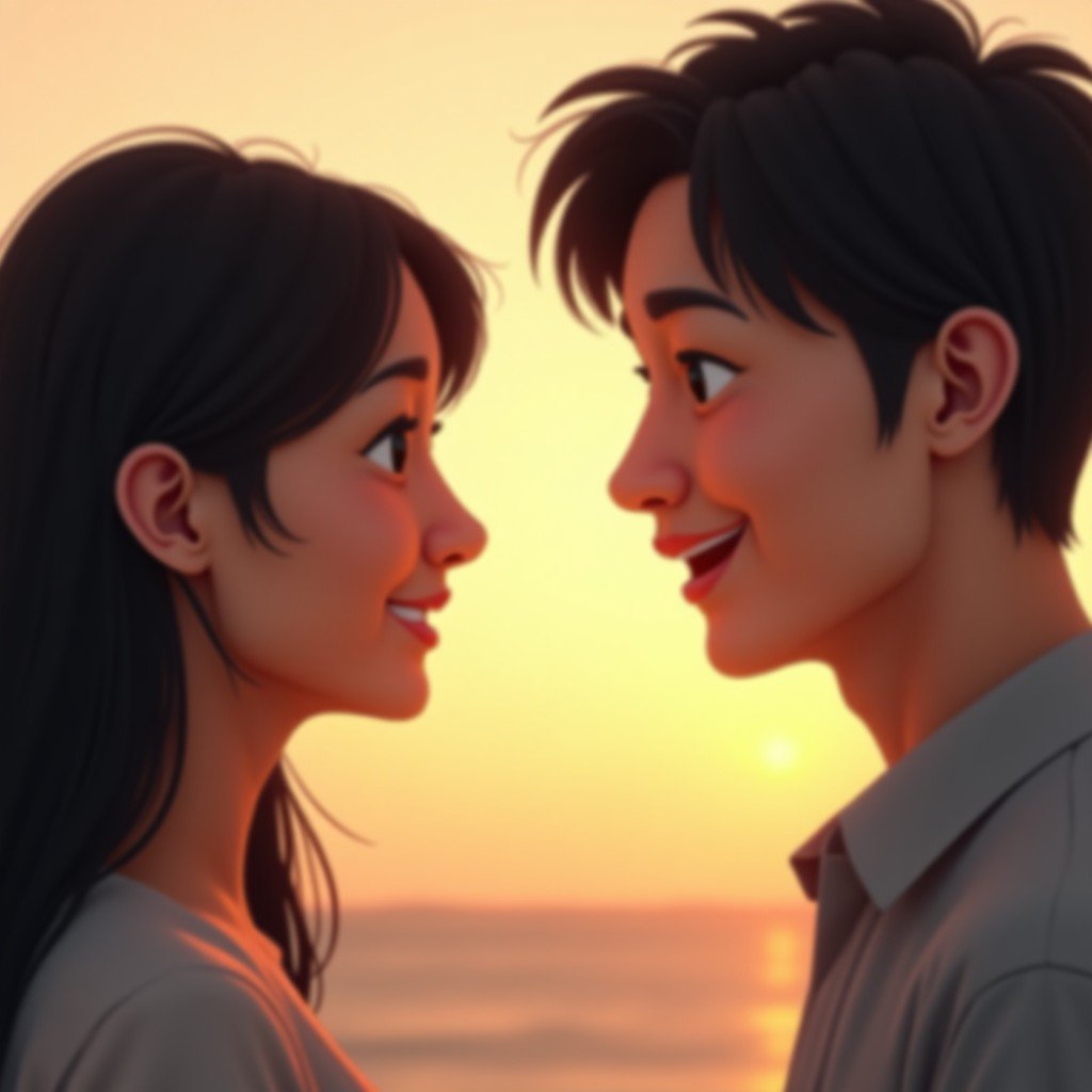 A close-up of a Korean man and woman looking at each other with warm and curious expressions, soft focus background, romantic and peaceful mood, 4:3