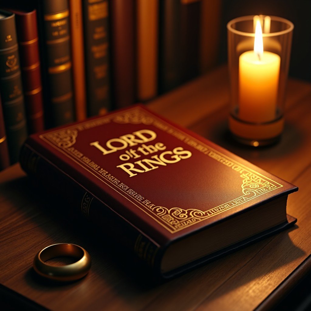 Old leather bound book of Lord of the Rings on a wooden desk, a golden ring nearby, soft candle light, classical library atmosphere, 4:3