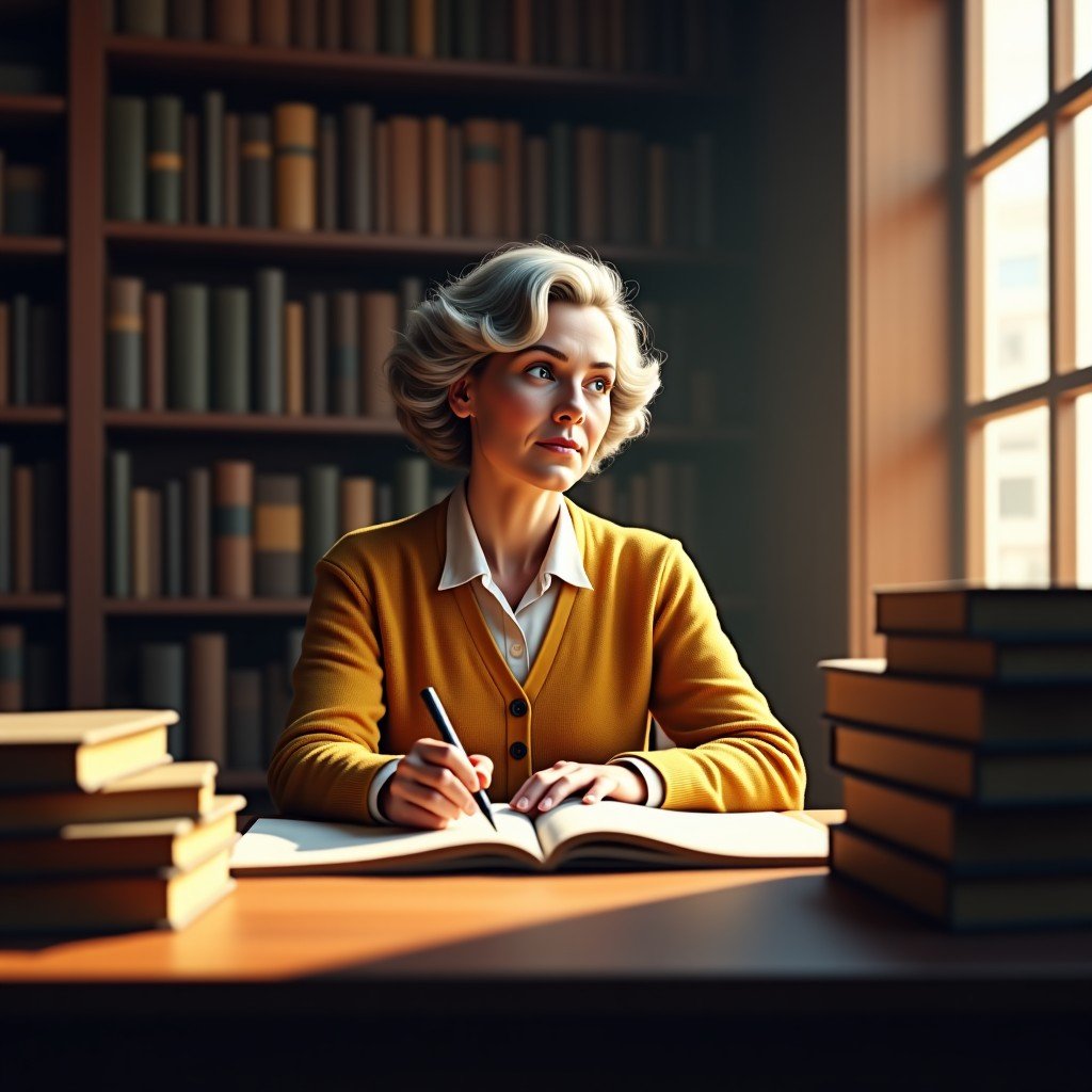 A thoughtful middle-aged woman resembling a 1940s intellectual writer sitting in a sunlit wooden library, surrounded by stacks of manuscripts and books, wearing a classic wool cardigan, soft cinematic lighting, historical atmosphere, artistic rendering, 4:3