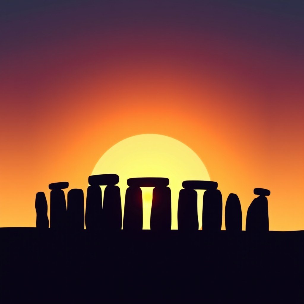 Stonehenge silhouette against a vibrant orange and purple sunset sky, golden hour light hitting the stones, majestic and peaceful atmosphere, wide angle view, 4:3