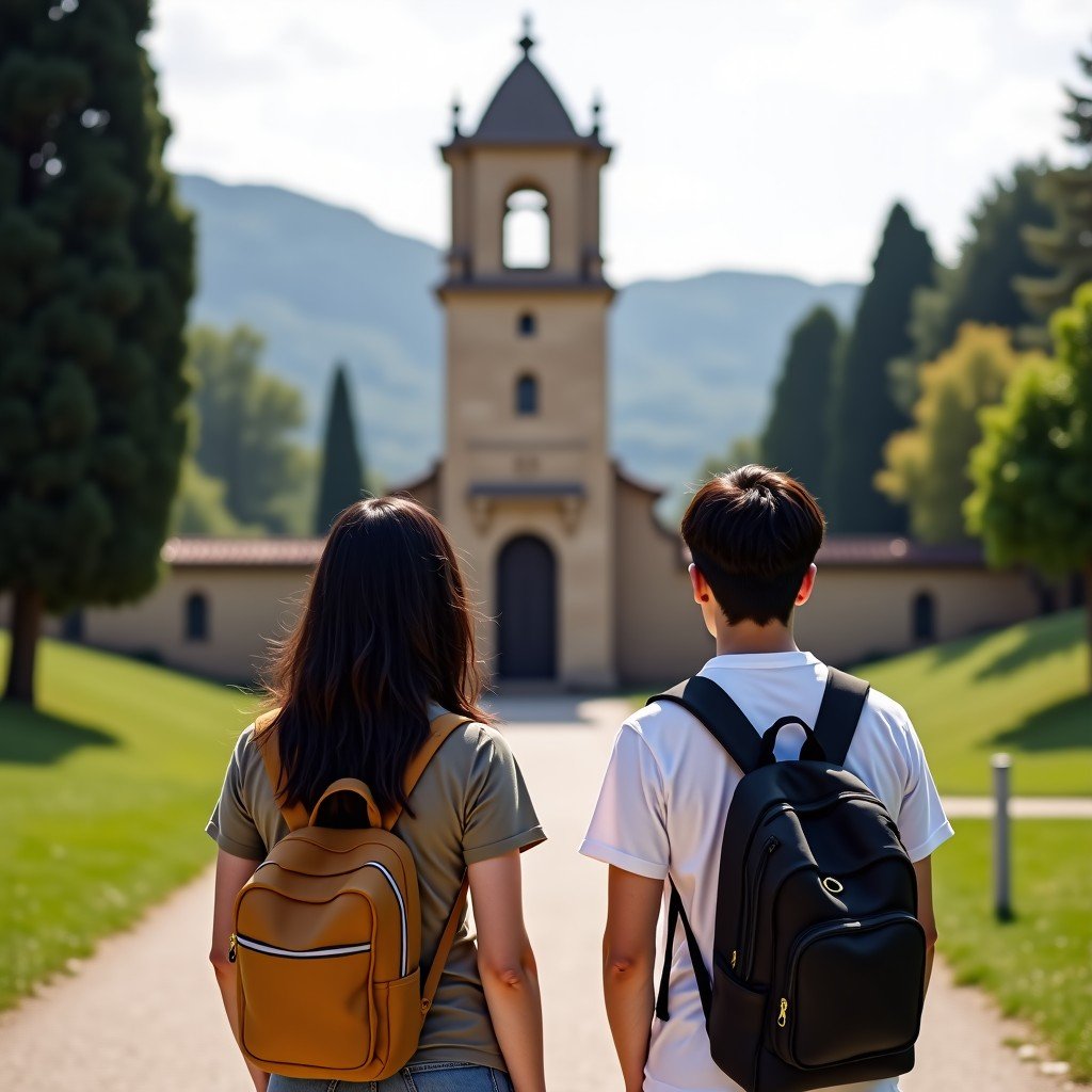 Two Korean tourists in natural clothing looking at a historical stone monument in Oviedo, soft daylight, lifestyle photography, 4:3