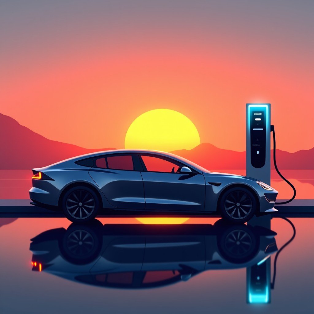 A sleek modern electric sedan charging at a high-tech charging station during a vivid sunset, clean lines, reflection on car body, cinematic composition, 4:3