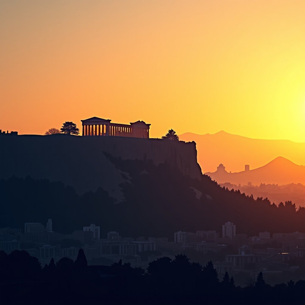 A wide shot of the Acropolis hill in Athens at sunset, showing the majestic Parthenon and ancient fortifications against a golden sky, cityscape in the distance, high resolution, realistic photography, 4:3