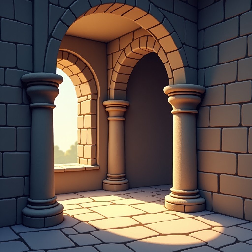 The interior of a medieval castle showing a stone vaulted ceiling and an arched corridor with sunlight streaming through a narrow window. Soft, warm lighting hitting the textured stone walls. High-quality artistic illustration. 4:3