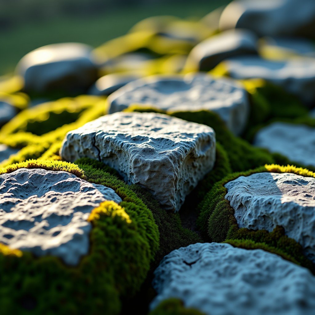 Close up of ancient weathered stones at a megalithic site, mossy texture, intricate alignment of monoliths, soft natural lighting, professional archaeological photography, 4:3