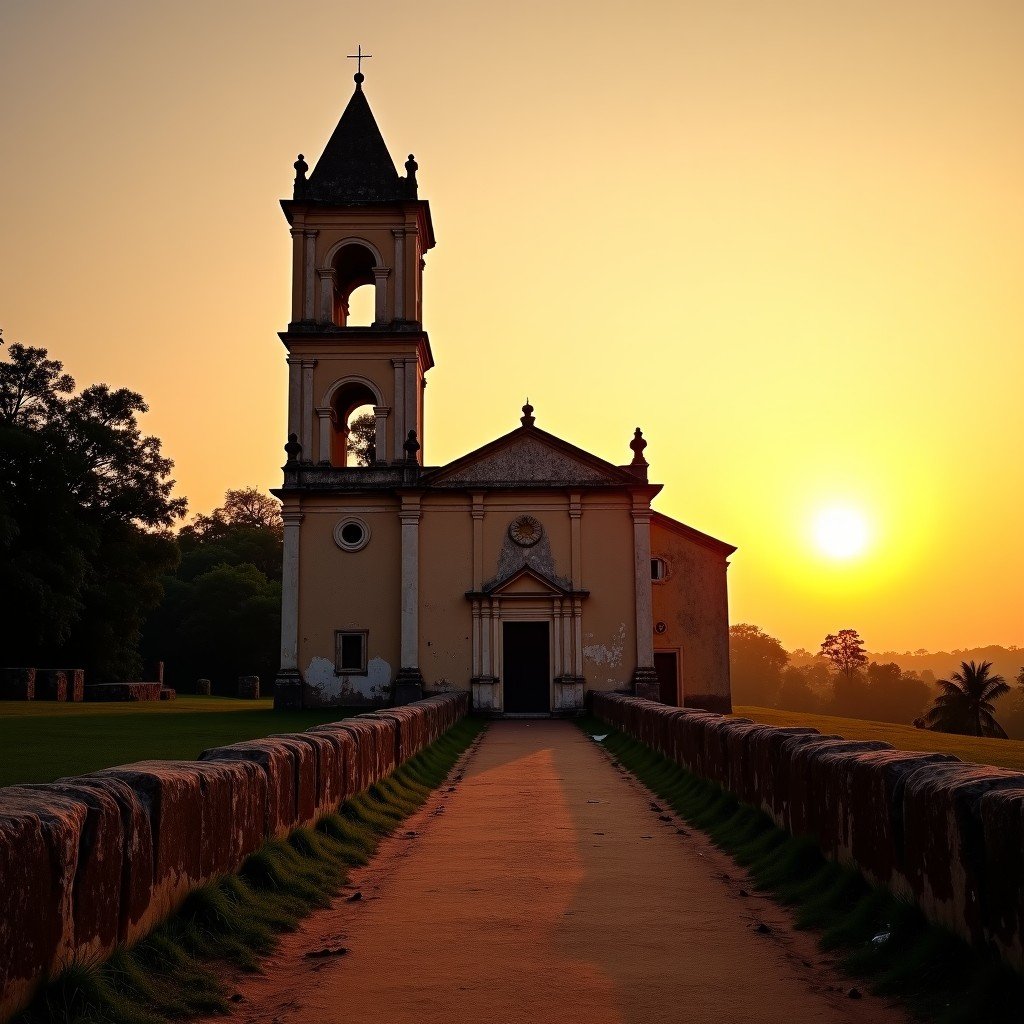 The ruins of the Church of St. Augustine in Old Goa at sunset, showing the remaining tall belfry tower against a golden sky. The weathered stone structures evoke a sense of history and passing time. 4:3