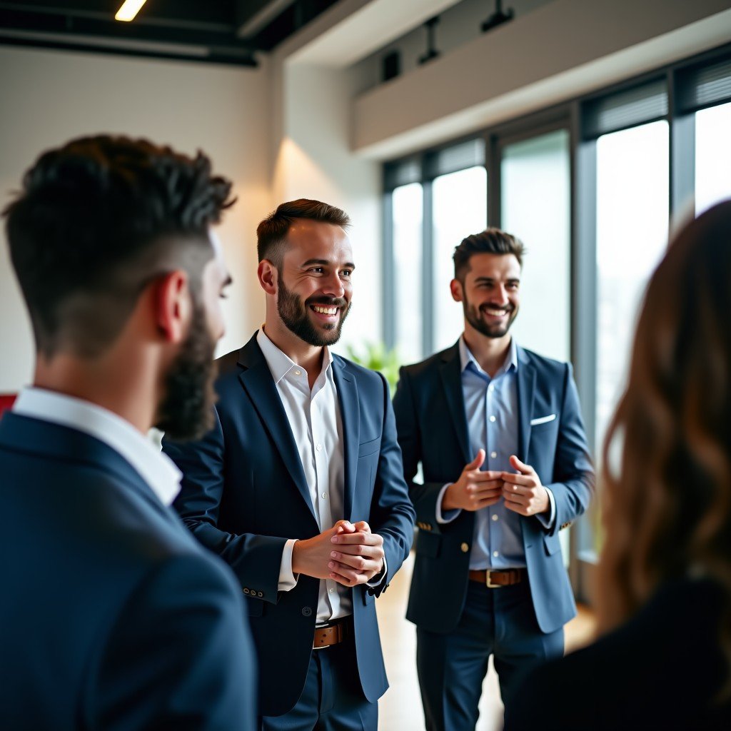 A team of professionals in a modern corporate setting celebrating a milestone with bright and balanced lighting. Focus on natural expressions of collaboration and success. Detailed composition. 1:1