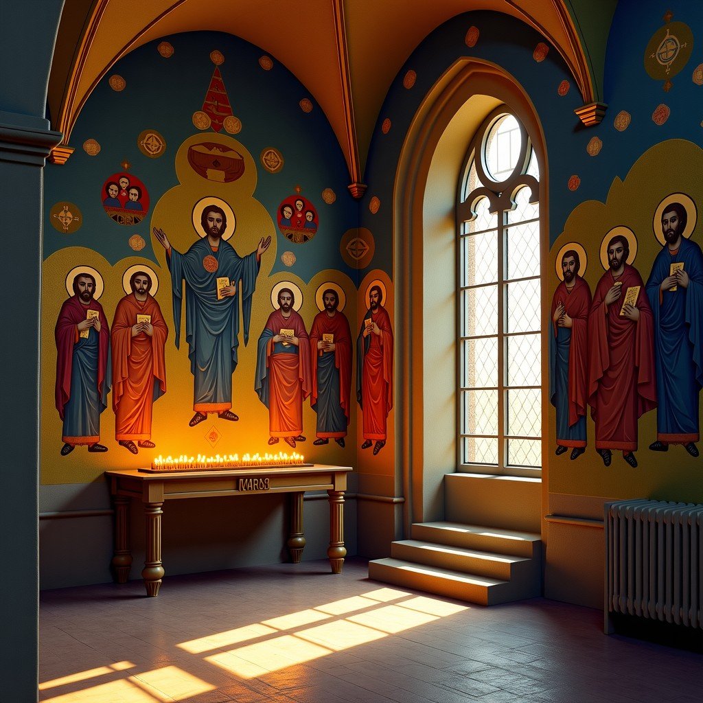 Interior of a medieval Serbian Orthodox church, detailed Byzantine style frescoes on the wall featuring religious figures, gold and deep blue colors, soft candlelight illumination, artistic rendering, textured background, 4:3