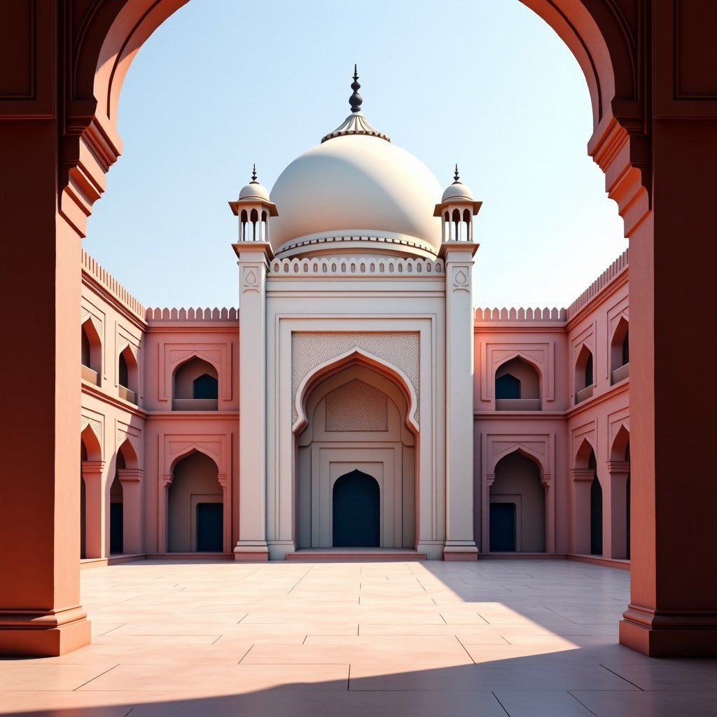 A serene white marble tomb of Salim Chishti surrounded by red sandstone structures in a large courtyard. Intricate marble lattice screens and peaceful atmosphere. 4:3