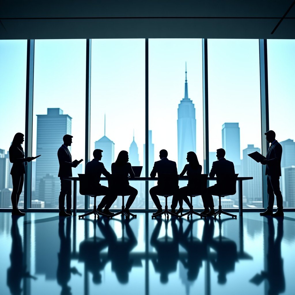 Modern glass-walled corporate office interior, team of diverse professionals collaborating around a large table, city skyline visible through windows, bright and clean composition, 4:3