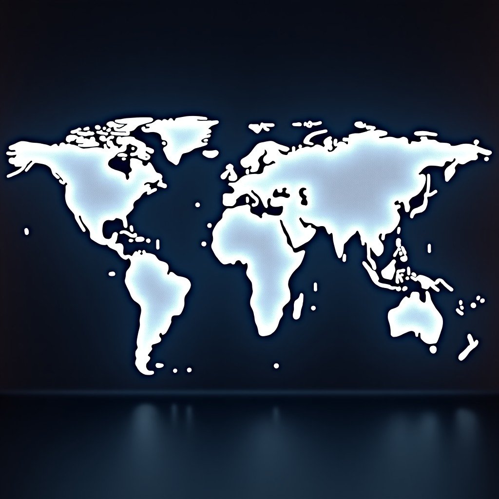 A stylized global map glowing with interconnected digital nodes and data streams, emphasizing international tech collaboration, dark background with vibrant light streaks, 3D rendering style. 4:3
