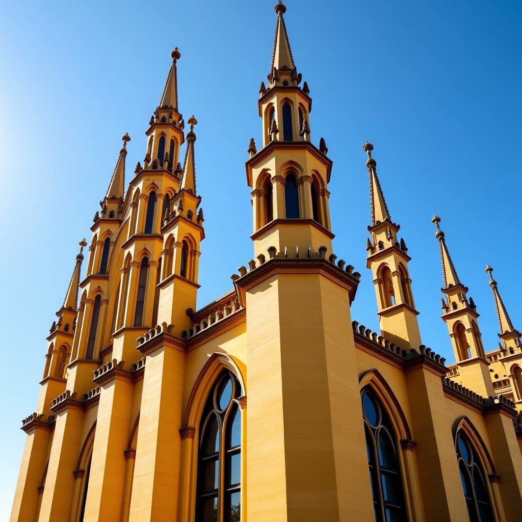 Detailed exterior view of the Segovia Cathedral with its ornate Gothic spires and warm yellow stone texture, bright daylight, clear sky, 4:3