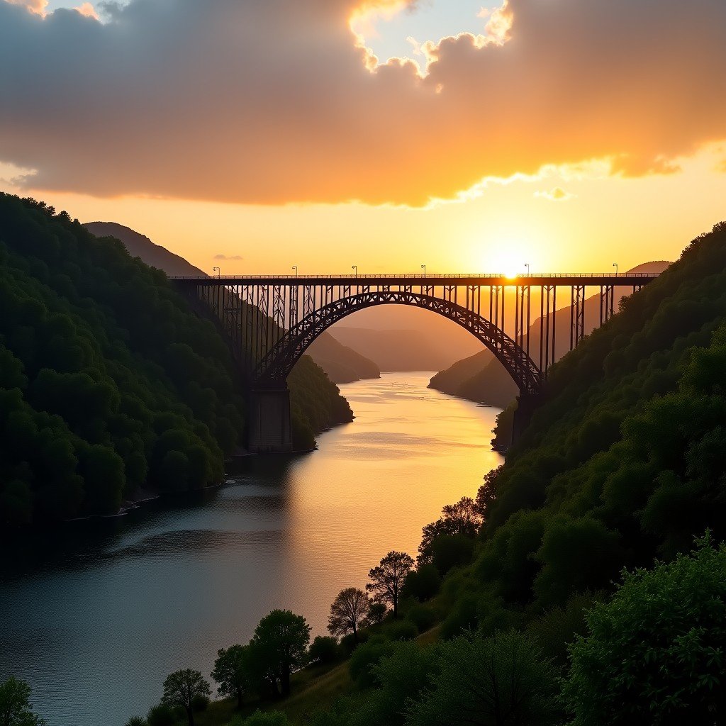 A wide-angle landscape shot of the historic Iron Bridge over the River Severn in Shropshire, UK. The cast-iron structure stands elegantly at sunset, with golden light reflecting on the water. Lush green hills surround the valley. No people, cinematic lighting, realistic style. 4:3