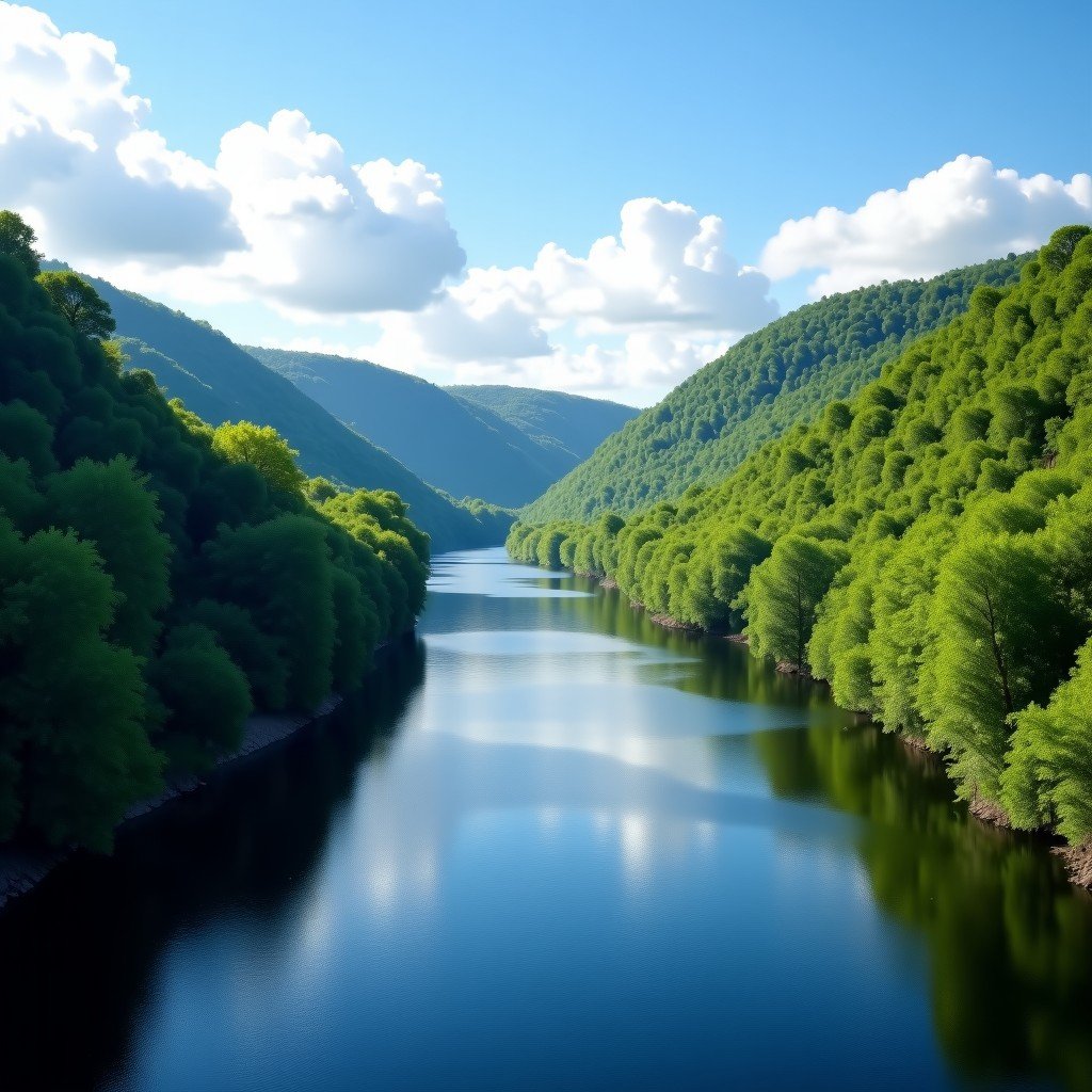 A peaceful view of the River Severn winding through the Ironbridge Gorge valley. Dense green trees line the riverbanks. The water is calm, reflecting the blue sky and fluffy white clouds. High-quality nature photography, vibrant colors. 4:3