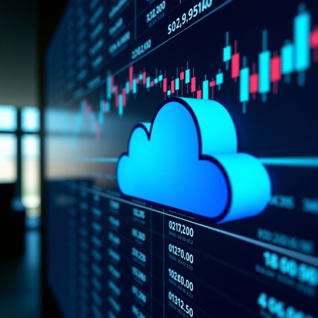 A professional business environment with digital screens showing financial data and a stylized blue cloud logo representing a major software company, high contrast, modern office setting, 4:3