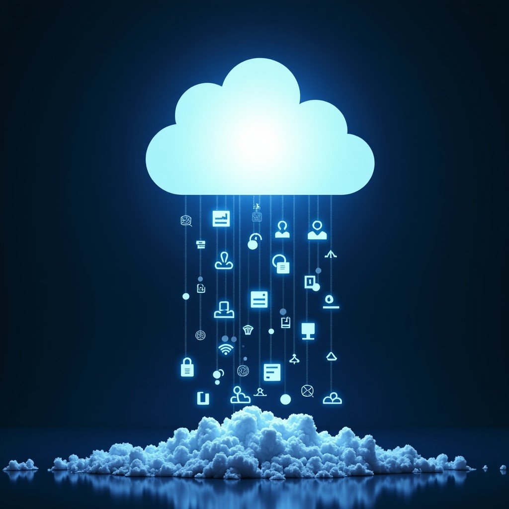 A conceptual image of digital software code and cloud icons falling apart or being absorbed by a glowing artificial intelligence orb, high contrast, professional digital art style, 4:3