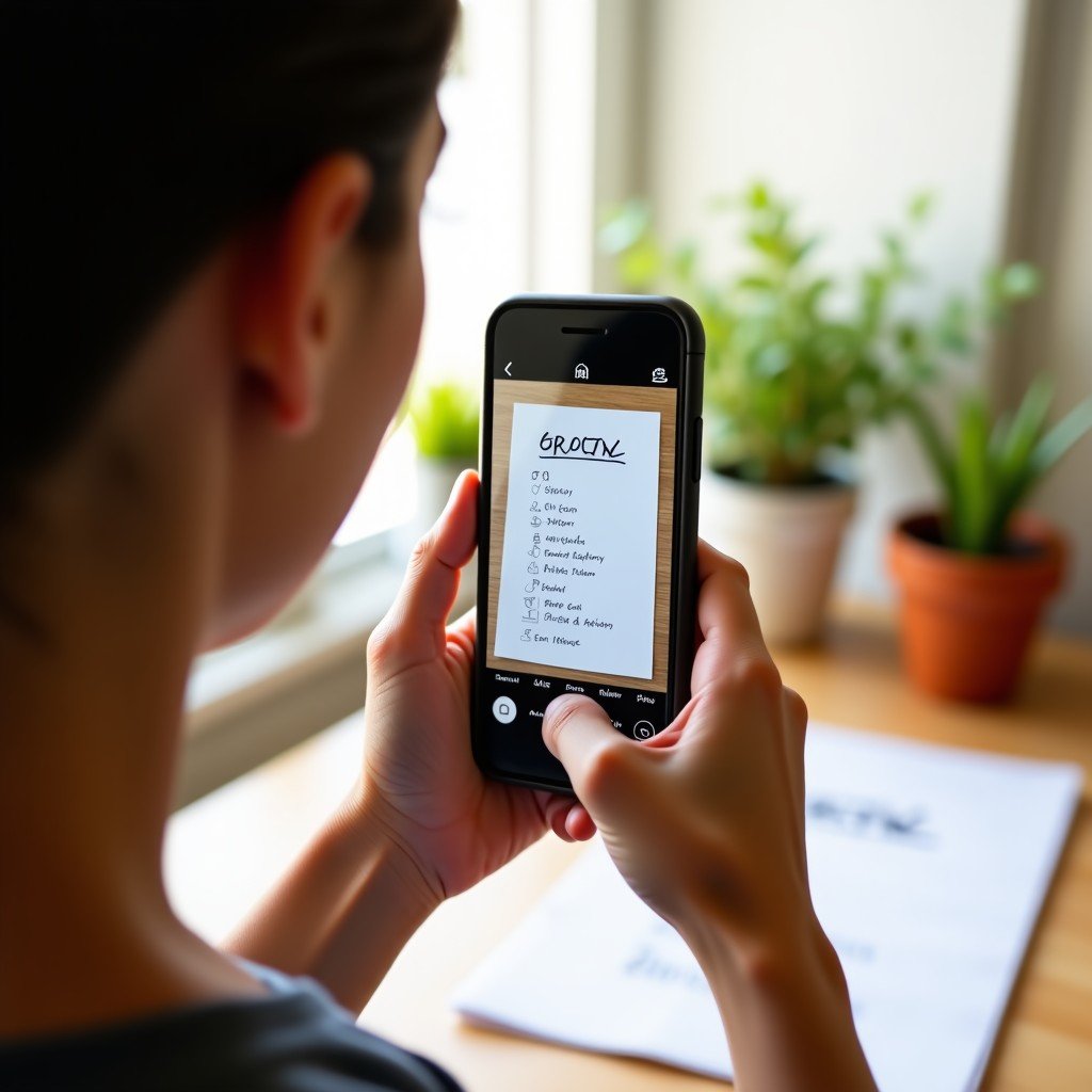 A person taking a high-quality photo of a handwritten grocery list on a kitchen counter with a smartphone. Natural morning light, cozy home atmosphere, lifestyle photography, 1:1