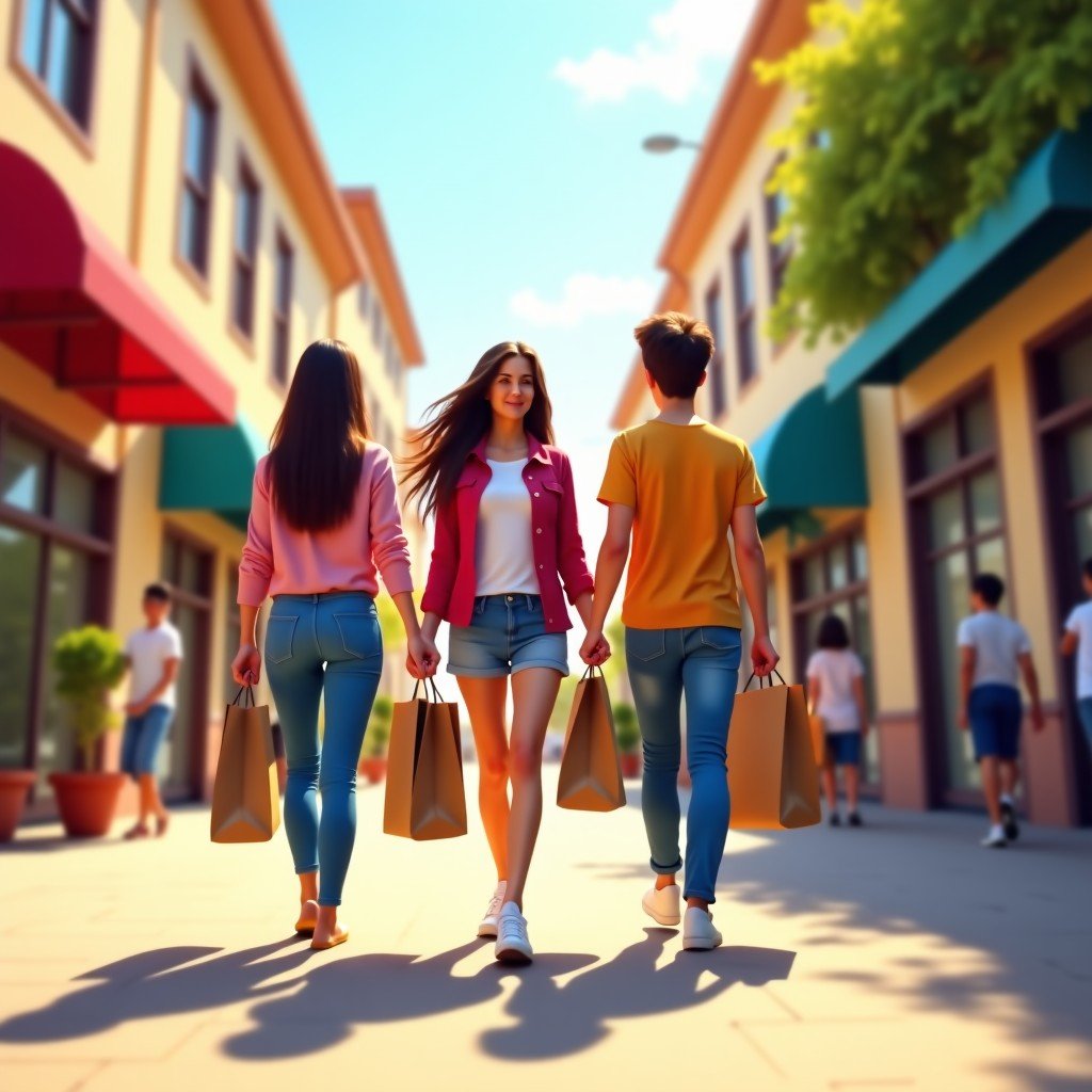 Young people walking in a sunny outdoor shopping mall with paper bags, casual 2016 inspired outfits, realistic style, vibrant background, 4:3