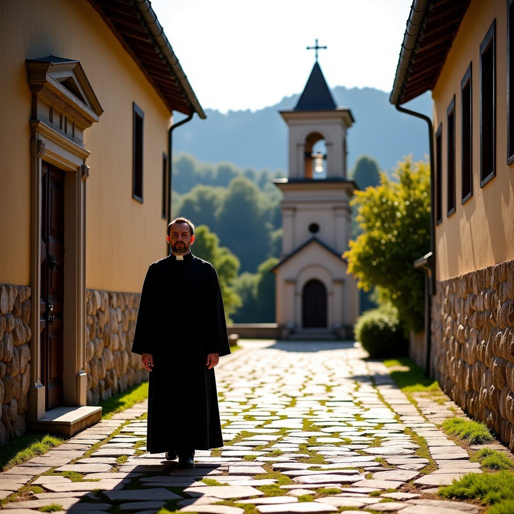A peaceful courtyard of Studenica Monastery, a monk in traditional black robes walking near a stone path, ancient stone walls and a small chapel in the background, warm afternoon sun, lifestyle photography, 4:3