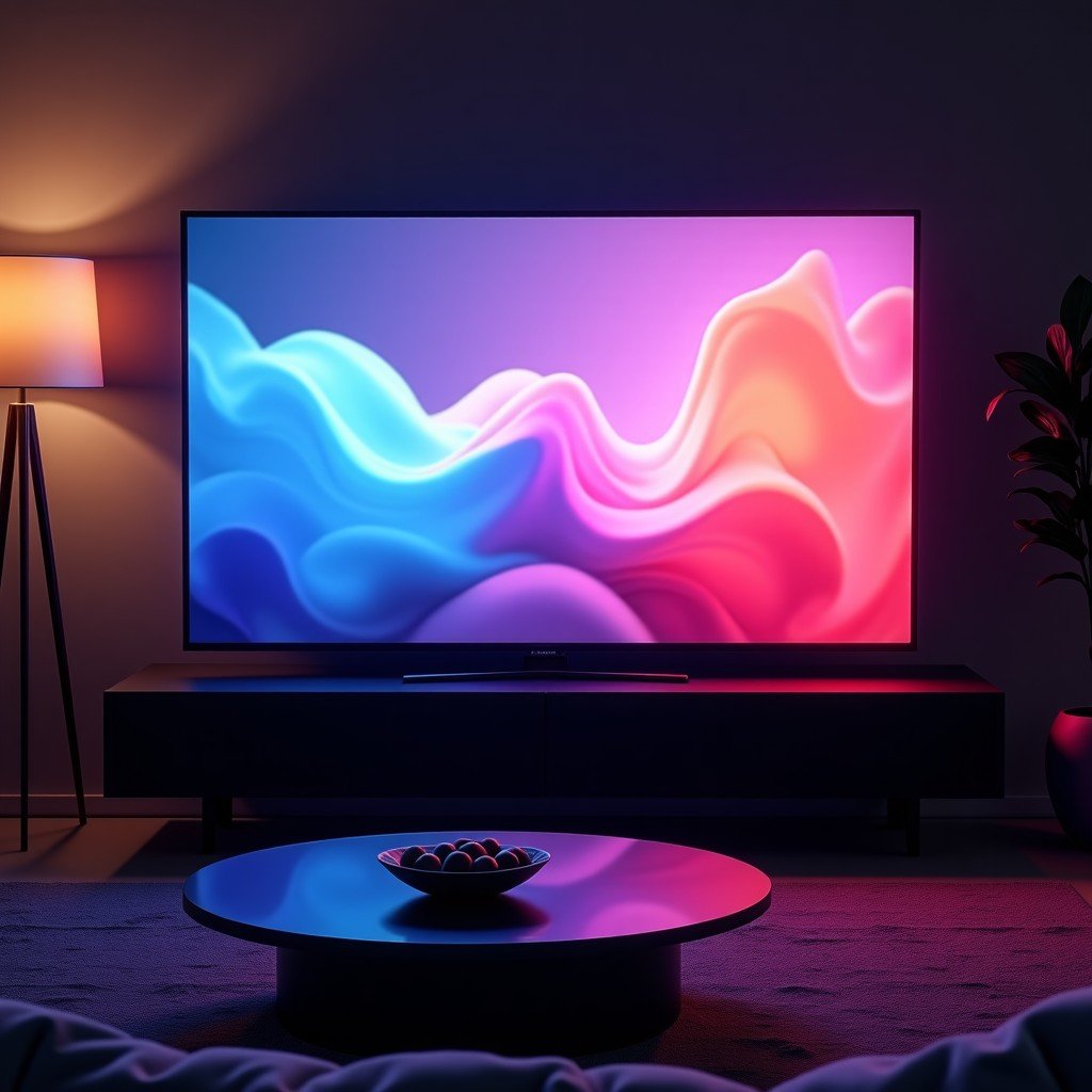 A realistic scene of a modern living room at night, a large high-definition television screen showing a bold tech commercial that pokes fun at a rival company, the viewer is reflected on the screen, intense and vibrant colors, contemporary interior design, cinematic atmosphere. 4:3