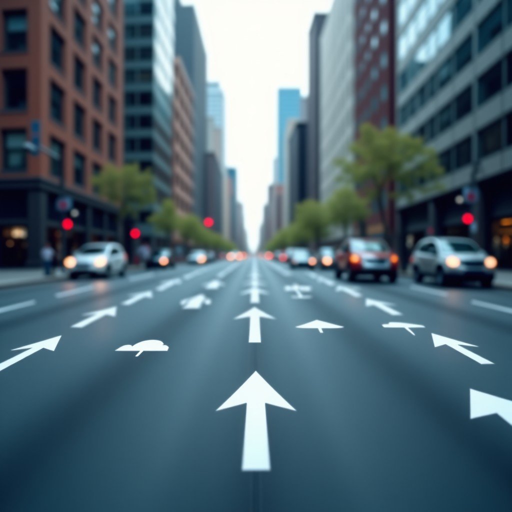 Point of view shot from inside smart glasses showing a subtle augmented reality interface overlaying a city street. Semi-transparent navigation arrows and weather info floating in the air. High tech but minimal design, clean aesthetics. 4:3