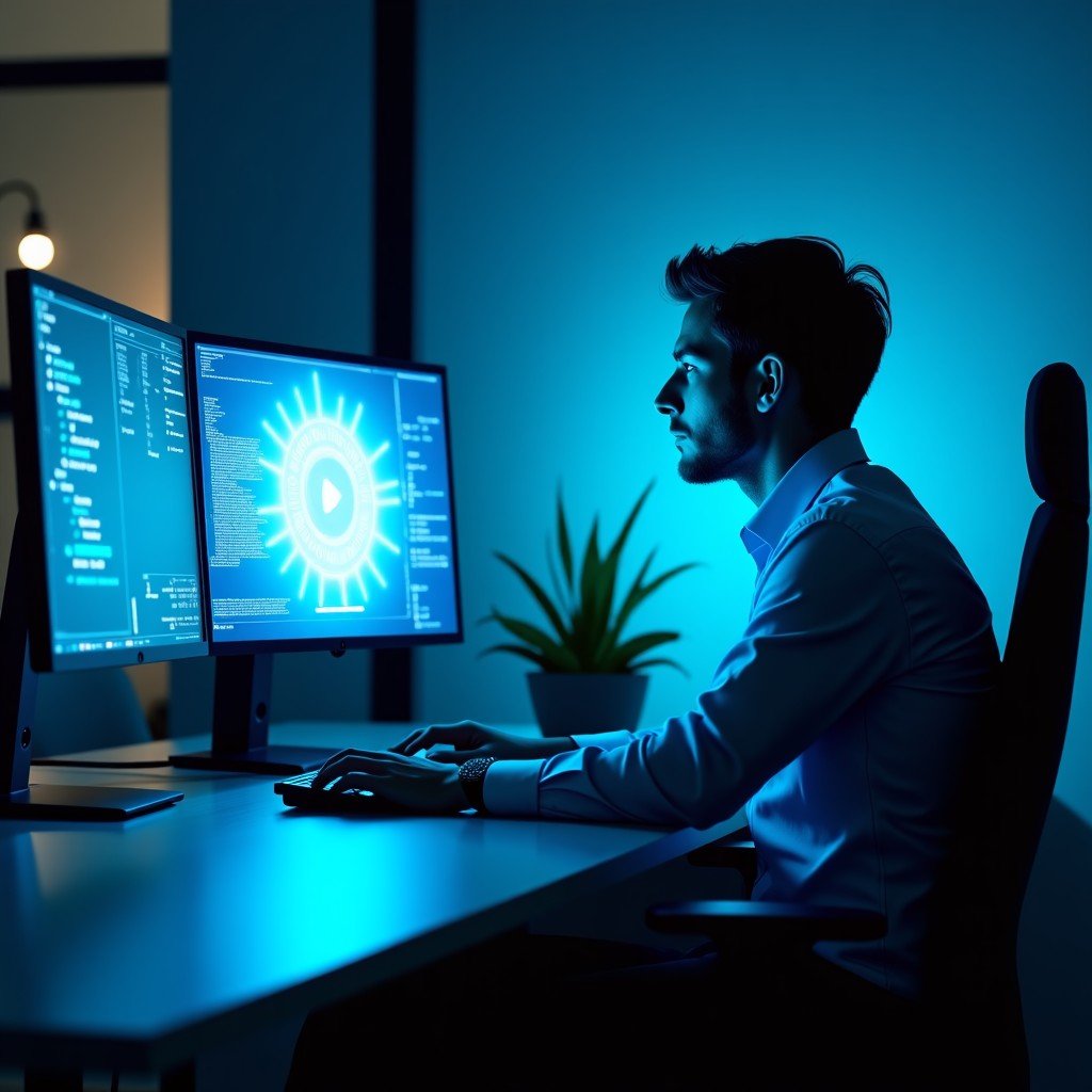 A professional office worker sitting at a modern desk with multiple monitors, a glowing blue AI interface symbolizing Claude Cowork floating subtly next to the screen, clean corporate environment, cinematic lighting, 4:3