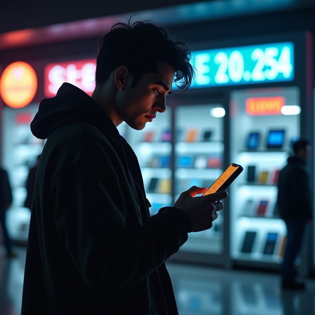 A disappointed consumer holding an older model smartphone in front of a futuristic electronics store with high price tags, moody lighting, cinematic atmosphere, 4:3