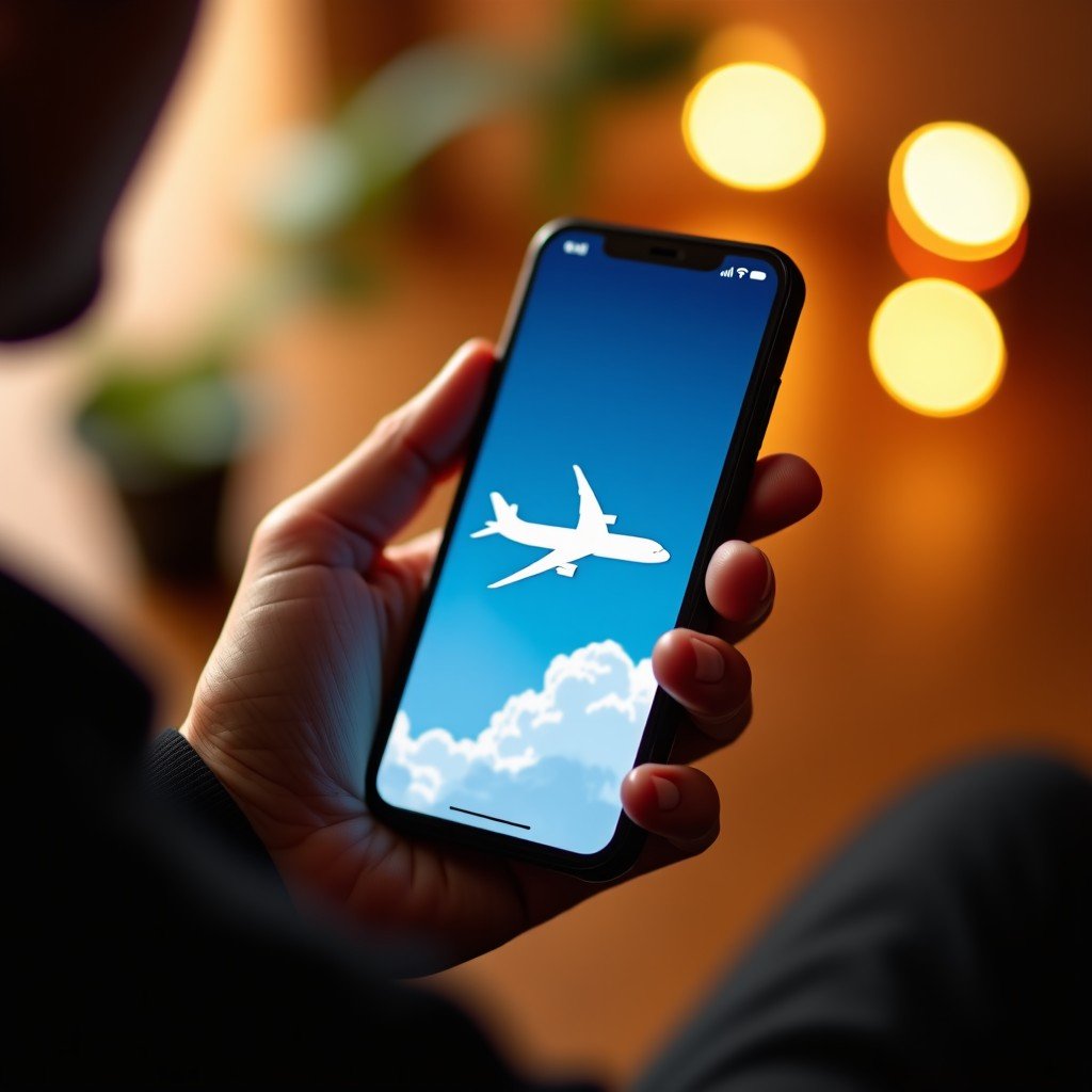 Close up of a person holding a modern smartphone in a cozy indoor setting, displaying a clean travel app interface with airplane icons, warm lighting, 4:3