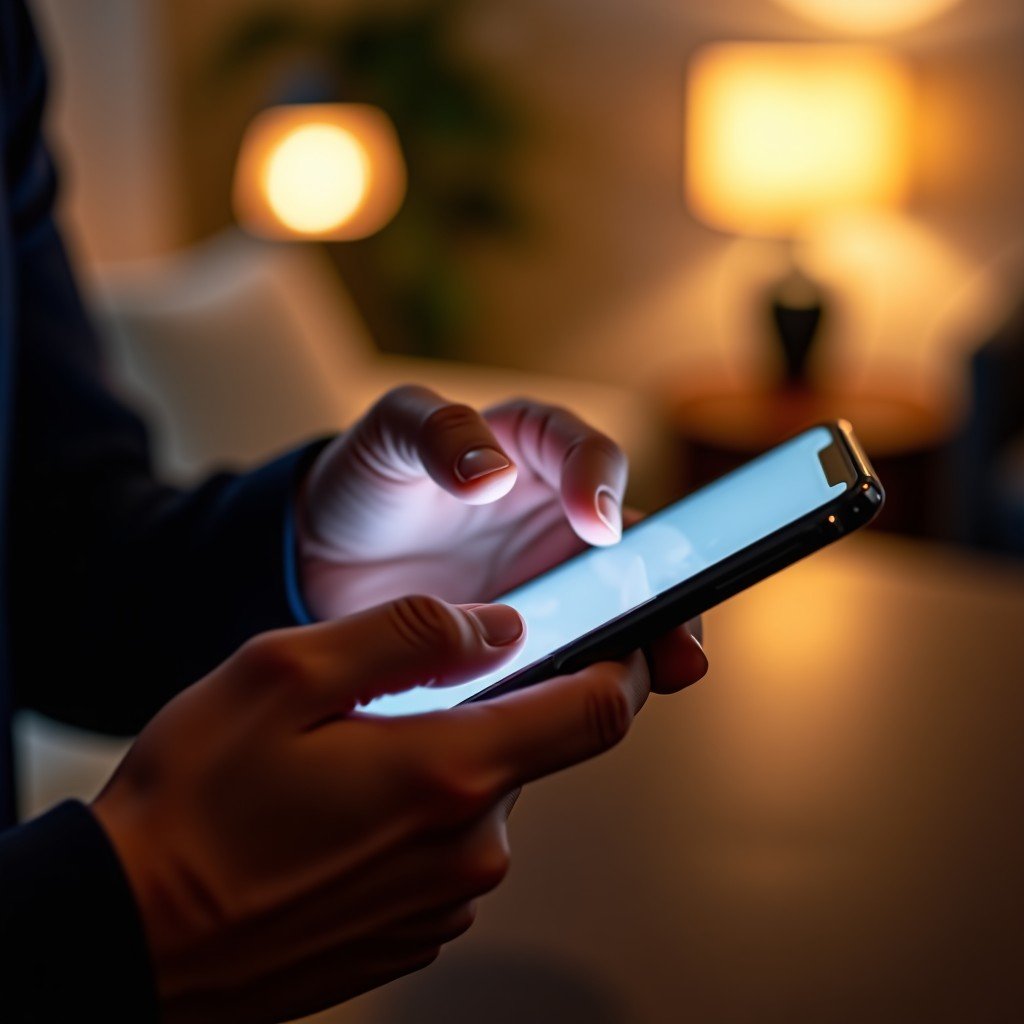 Close up of hands typing on a glowing smartphone screen, modern interface design, soft bokeh background of a living room, professional photography, 4:3