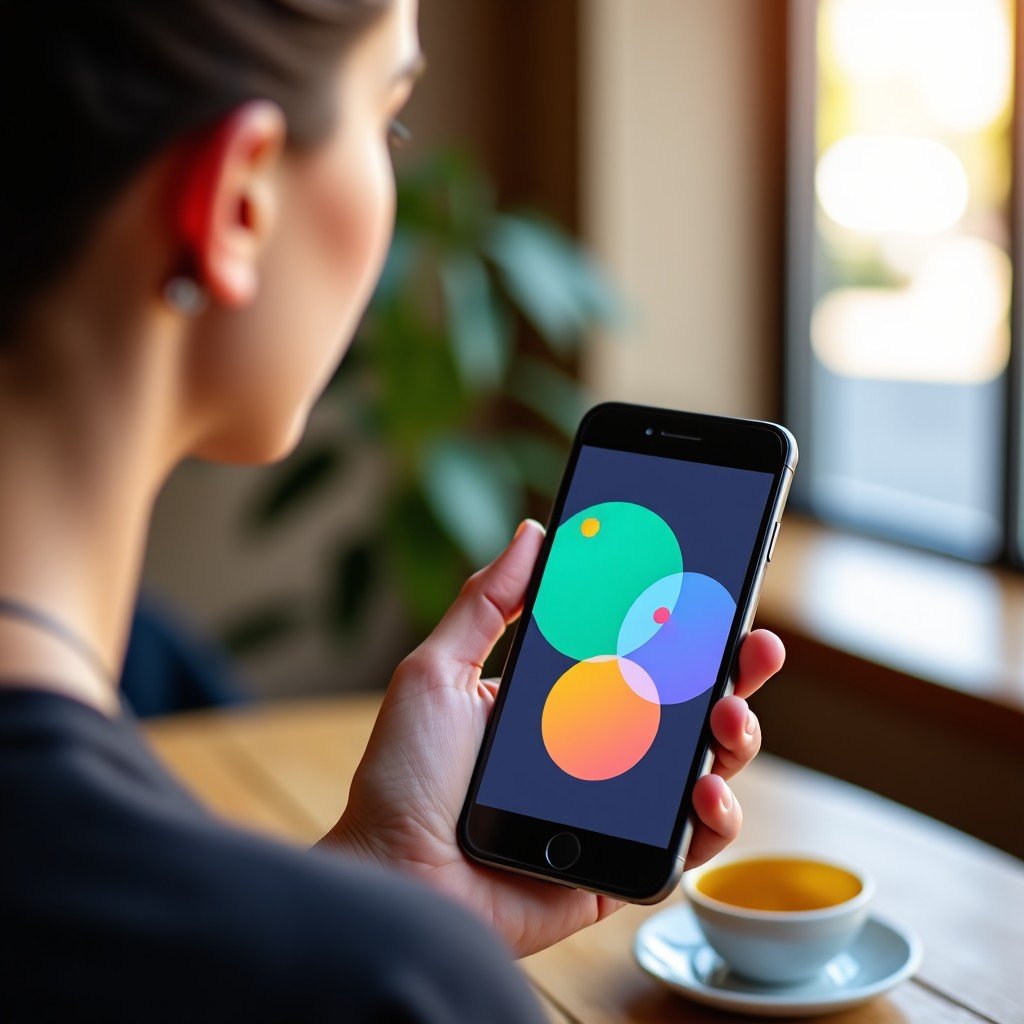 Close up of a person holding a modern smartphone displaying a colorful AI assistant interface in a trendy cafe. Natural sunlight, blurred background, professional lifestyle shot. 4:3