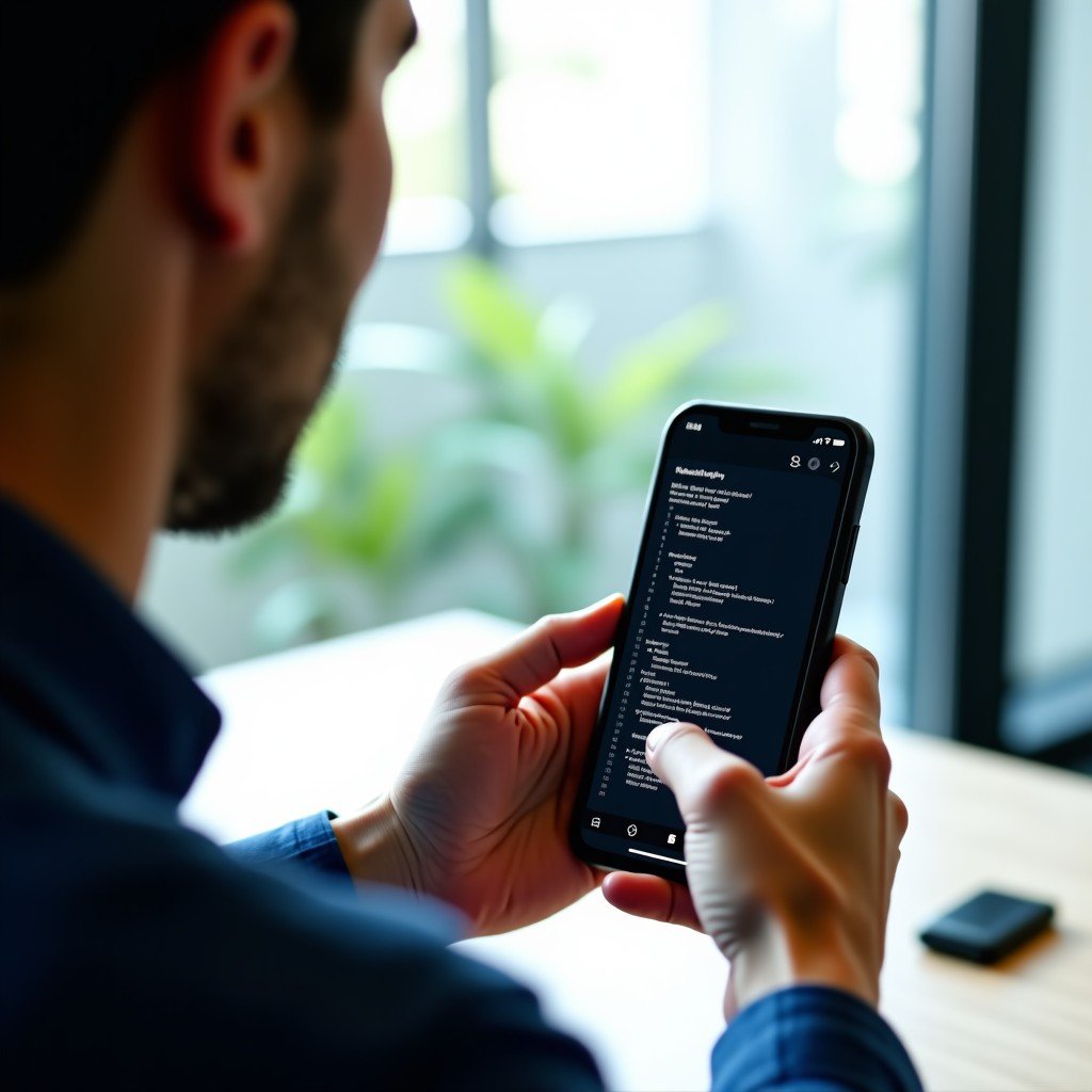 A person using a modern smartphone in a bright office environment, screen showing lines of code and a digital calendar interface, photorealistic, natural lighting, 4:3