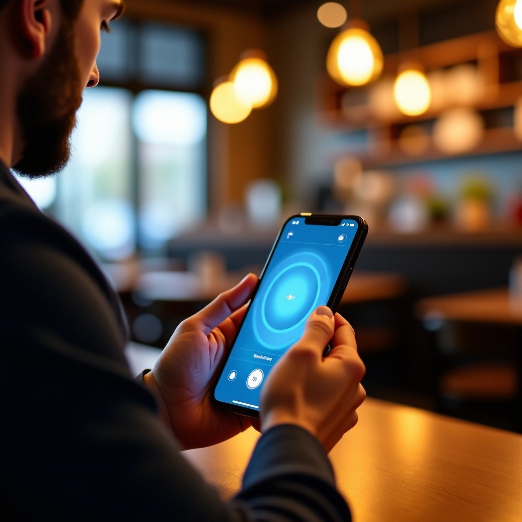A lifestyle photography of a person using a smartphone with a natural and warm lighting. The screen shows a sophisticated AI assistant interface with subtle blue glows. The setting is a cozy modern cafe. Natural expression and high quality. 4:3