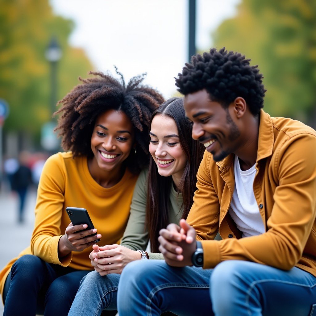 A diverse group of young American adults sitting together on a city bench looking at a smartphone screen and smiling. Natural daylight lifestyle photography 4:3