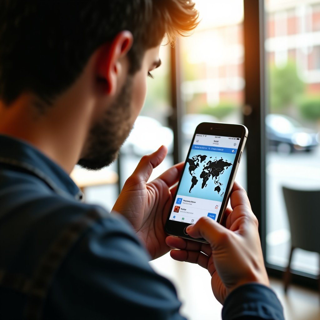 A young traveler using a high-end smartphone to browse global hotel options on a travel app. Natural sunlight coming through a window of a modern cafe. Focused on the phone screen which shows a world map and hotel icons. No text. 4:3