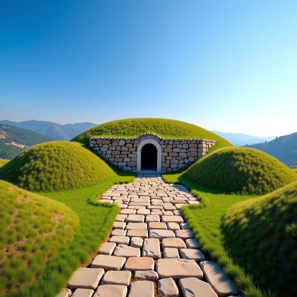 A wide outdoor shot of the Thracian Tomb of Sveshtari in Bulgaria, showing the grassy mounds and the entrance of the archaeological site under a clear blue sky, historical and cultural atmosphere, high quality photography, 4:3