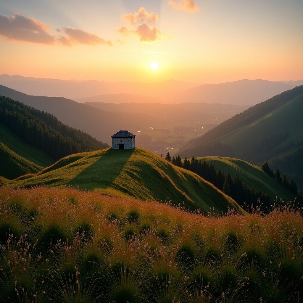 Scenic landscape of the Sboryanovo Archaeological Reserve in Bulgaria, showing rolling hills and historical markers, peaceful atmosphere, sunset lighting, high resolution, 4:3