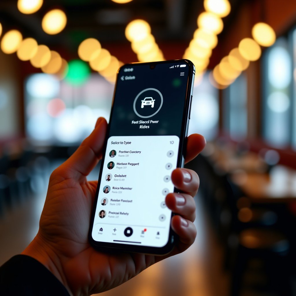 Close up shot of a hand holding a Galaxy S26 smartphone, the screen shows an AI assistant overlaying the Uber app and autonomously selecting ride options, digital motion trails indicating automation, realistic urban cafe lighting, 4:3
